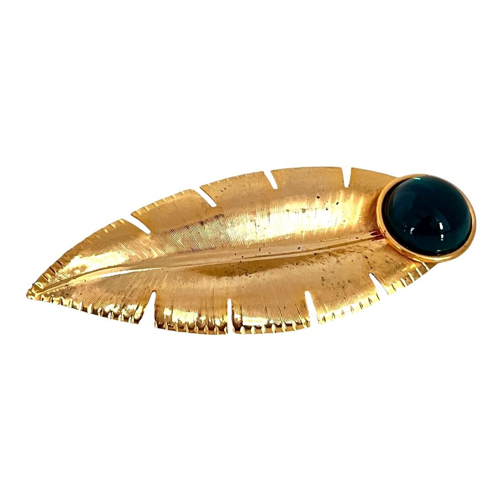 Vintage 1970s Leaf Brooch Gold Tone Green Cabochon Gripoix Design - 13H
